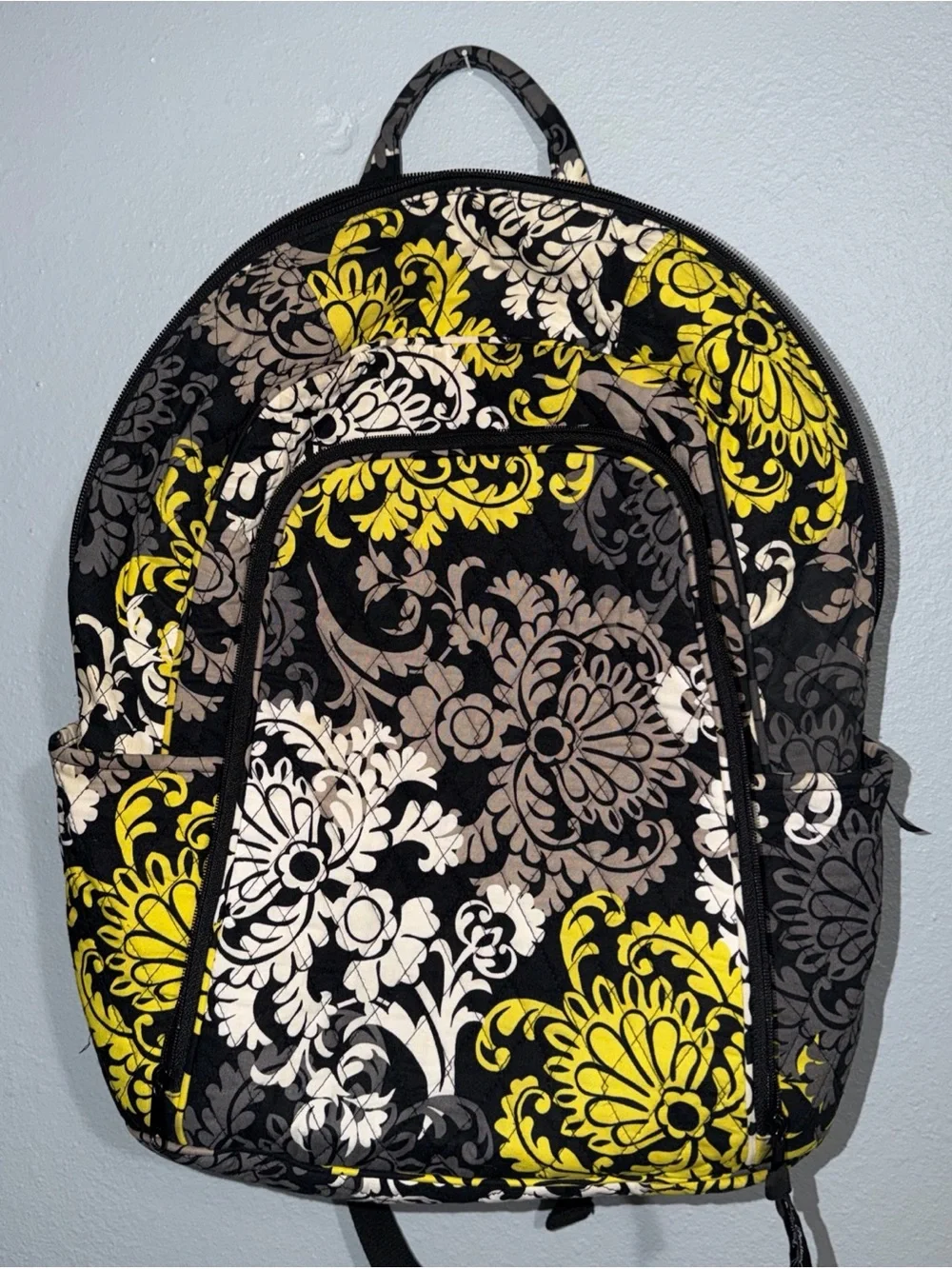 Vera Bradley Backpack Baroque Floral Black Gray Yellow Quilted Travel School Bag